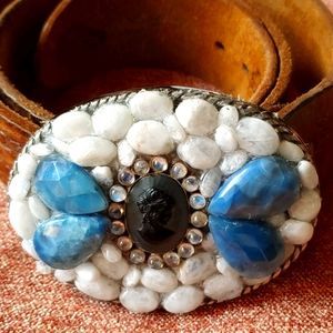 Leather Belt with Cameo Stone Encrusted Buckle